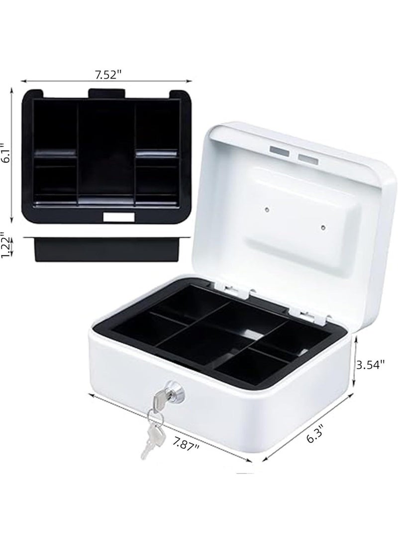 DUNISO صندوق نقد معدني بقفل مفتاح، صندوق تخزين نقدي محمول بغطاء قابل للقفل، منظم نقود مع أقسام، صندوق إدارة أمان للنقود والعملات (أبيض) - Image 2